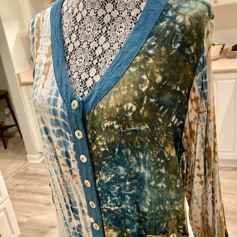 Bohemian Tie-Dye Button-Up Blouse with real shell buttons